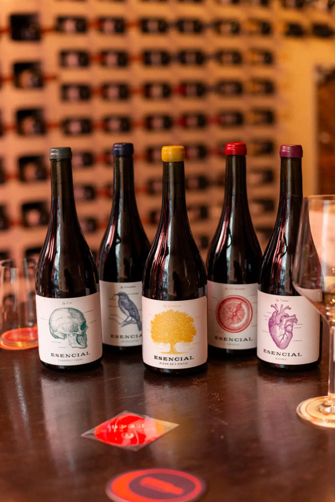 Cinco vinhos de rótulos ilustrados enfileirados sobre a mesa